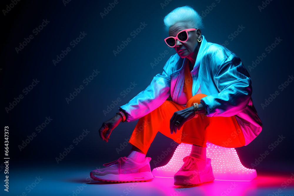 Fashion elderly woman in neon costume and neon shoes, in the style of futuristic pop, luminous color palette
