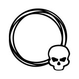 Logo con marco circular con líneas con silueta de calavera humana para su uso en invitaciones y tarjetas de Halloween