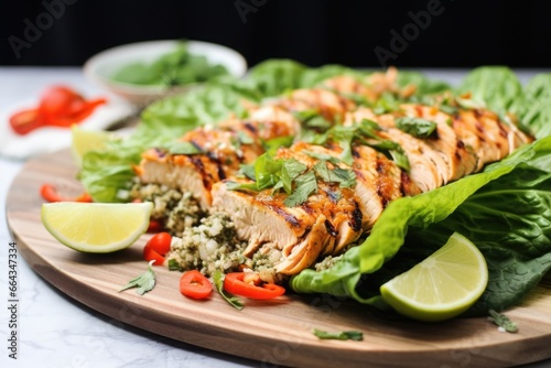 grilled salmon lettuce wraps on a glass plate