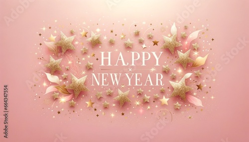 2024 brings a burst of joy with a rosy hue, twinkling stars, and blooming flowers to celebrate the new year ahead happy new year 2024 text