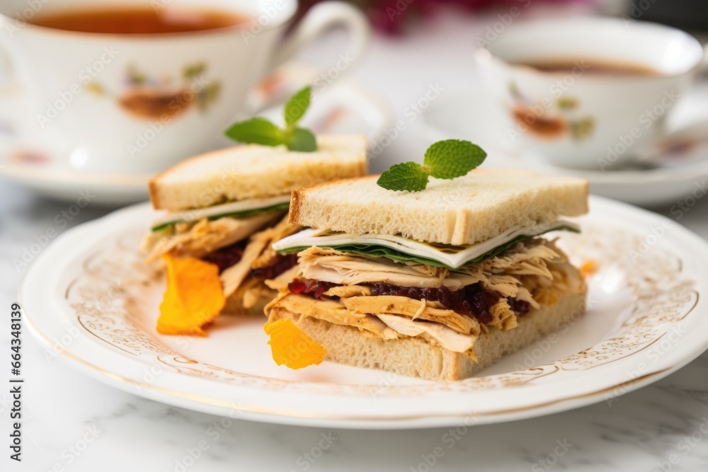oolong marinated turkey sandwich on a white porcelain dish