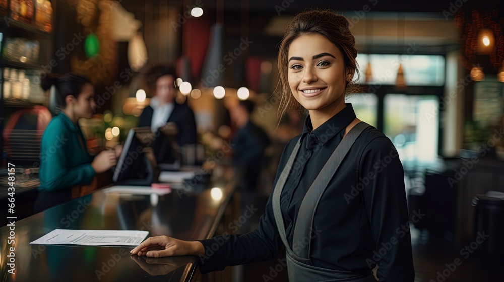 Smiling, young and attractive saleswoman,