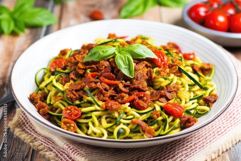 a rustic bowl of zoodles topped with sun-dried tomatoes a rustic bowl of zoodles topped with sun-dried tomatoes