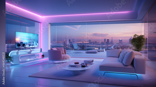 High-tech ambiance of a living room adorned with holographic entertainment centers, and a virtual reality relaxation zone