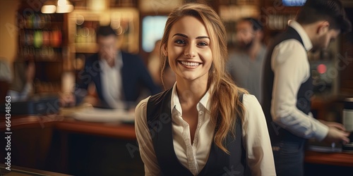 Smiling, young and attractive saleswoman,