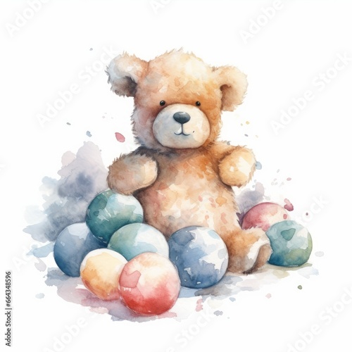 Watercolor teddy bear with a pile of snowballs, single, white background. AI generated