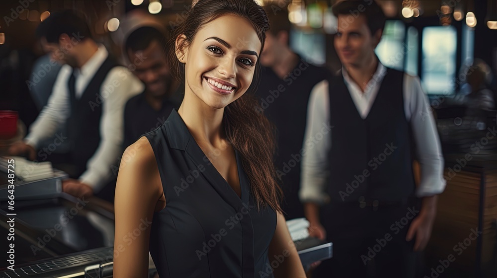 Smiling, young and attractive woman in a bar, Smiling, young and attractive woman in a bar,