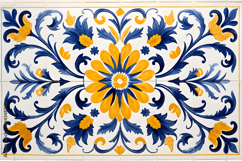 Rustic blue tile watercolor seamless pattern. Pattern of azulejos tiles  - obrazy, fototapety, plakaty 