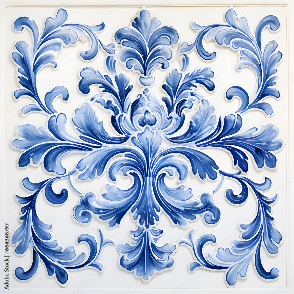 Rustic blue tile watercolor seamless pattern. Pattern of azulejos tiles  - obrazy, fototapety, plakaty 