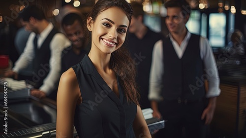 Smiling, young and attractive woman in a bar,