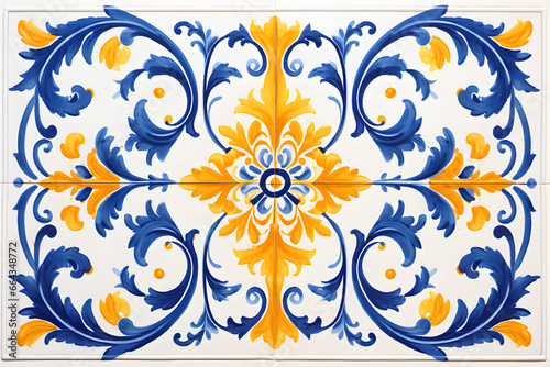 Rustic blue tile watercolor seamless pattern. Pattern of azulejos tiles 