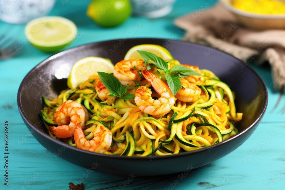 prawns atop a vibrant bowl of zoodles