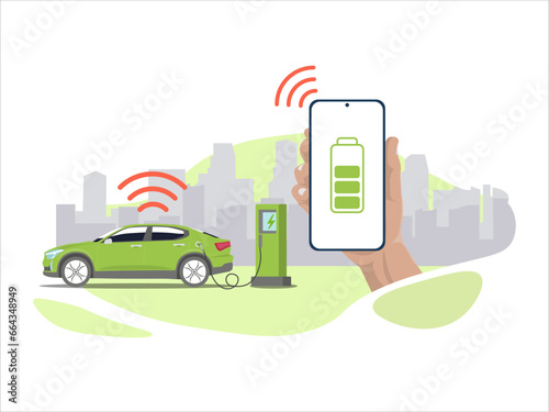 Car sharing. The electric vehicle charges the battery using a charging station; order an electric car through the application. Vector illustration in flat style with city background