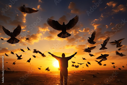 Silhouette pigeon return coming to hands in air vibrant sunlight sunset sunrise background. Nature animal people hope pray holy faith. International Day of Peace theme.