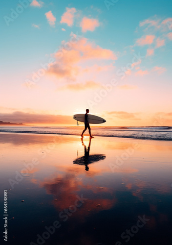 Surfer's Reflection on Beach at Dusk with Fluffy Clouds & Golden Light - Celebrating Moments of Solitude & Peace. Copy Space.