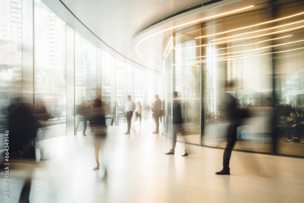 Office Space Commercial Background, Modern Interior, Blurred People Walking, Professional Workspace, Corporate Team, Daylight Setting, Business Environment, Lounge, Lobby, Generative AI.