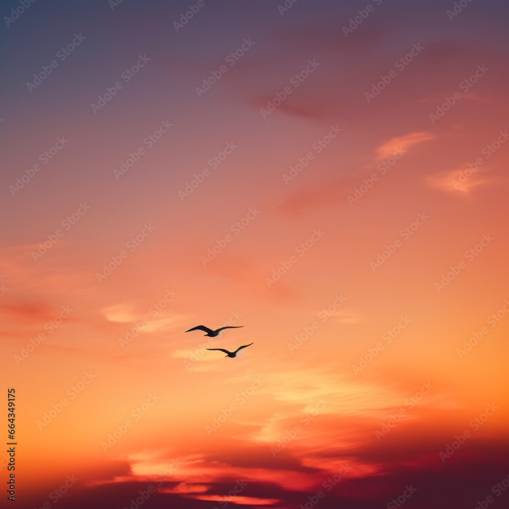 Fiery Backdrop Sunset with Birds (Seagulls) Silhouetted & Soaring - Depicting Timeless Beauty & Nature's Calm - Copy Space.
