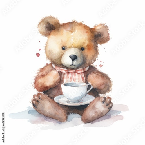 Watercolor teddy bear with a warm cup of tea, single, white background. AI generated © PandaStockArt
