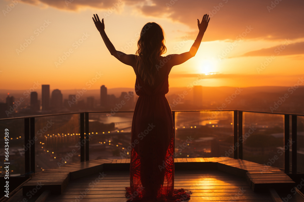 Fototapeta premium Silhouette - yoga girl is practicing on the rooftop while sunset. AI generative