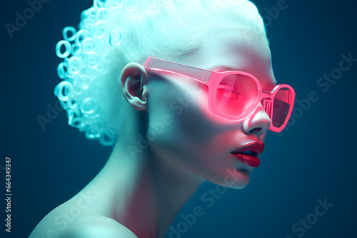 Portrait of Fashion woman with neon costume and glasses in style of retro futurism, colorful bright cool look