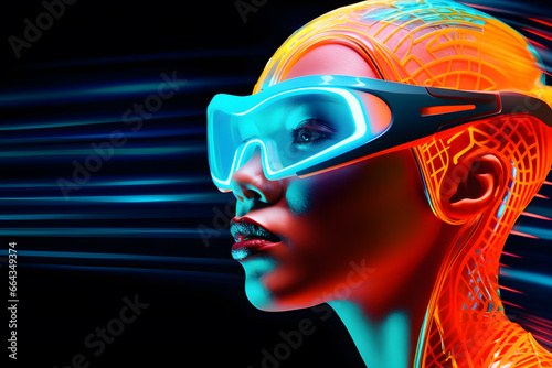Wallpaper Mural Portrait of  Fashion woman with neon costume and glasses in style of retro futurism, colorful bright cool look Torontodigital.ca