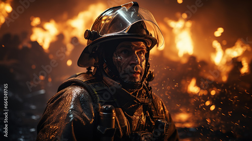 Firefighter in uniform and helmet standing in front of fire © Morng