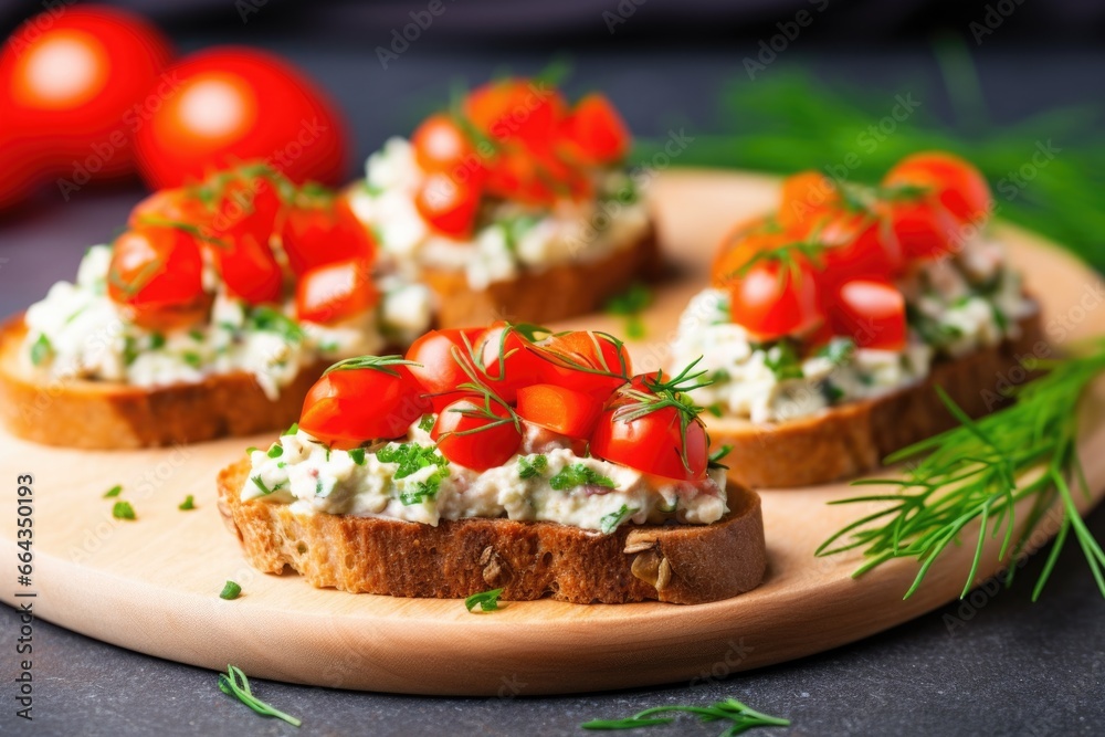 close-up of vegan cream cheese, cherry tomato and fresh dill bruschetta