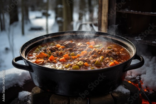 steaming hot homemade stew in a pot on a snowy day