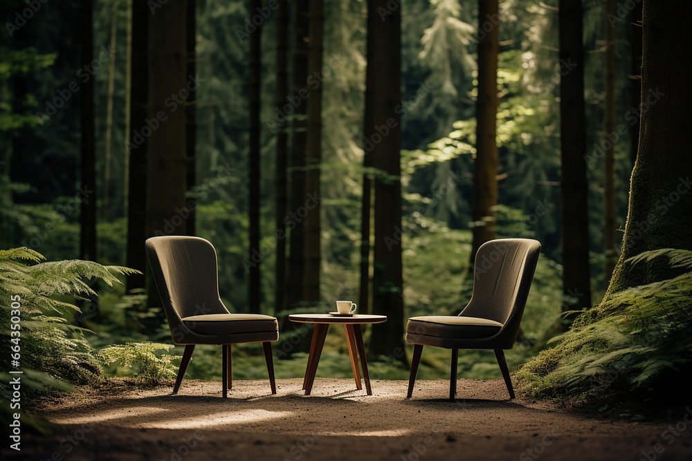 Two chairs and a table in the forest