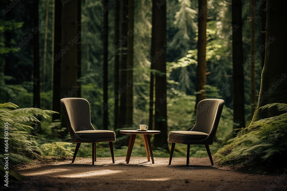 Two chairs and a table in the forest Two chairs and a table in the forest