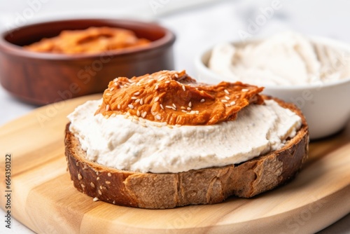vegan cream cheese spread on a toasted bagel