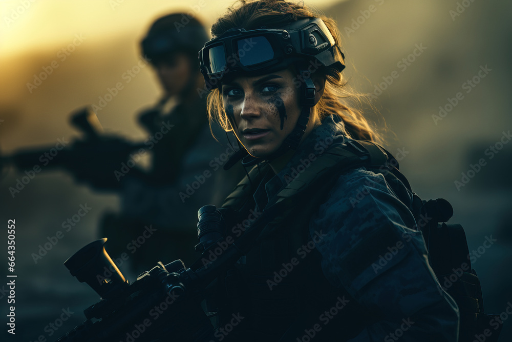 Woman soldier portrait. Photorealistic illustration. Generative art