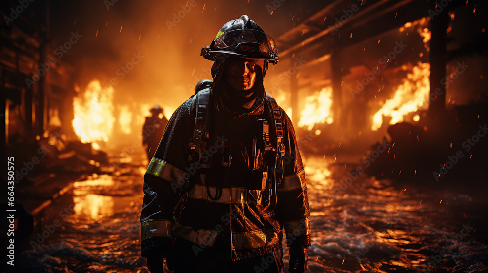 Firefighter in uniform and helmet standing in front of fire Firefighter in uniform and helmet standing in front of fire