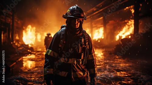 Firefighter in uniform and helmet standing in front of fire