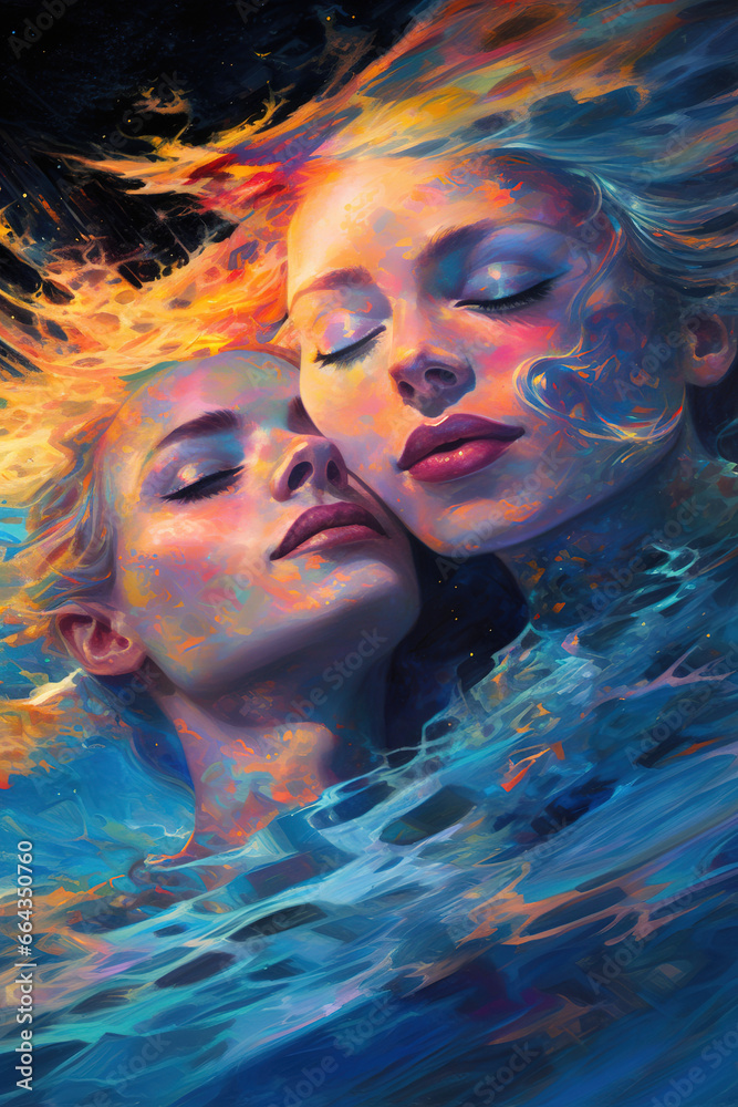 Love. Two women faces surrounded abstract fractal elements. Artistic portrait