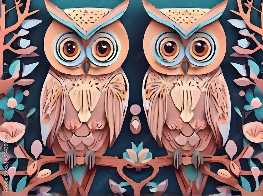 Owls painted background knolling papercutstyle pastel tones