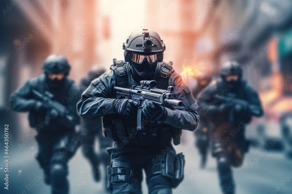 SWAT soldiers in action, blurred motion. Photorealistic illustration. Generative art SWAT soldiers in action, blurred motion. Photorealistic illustration. Generative art