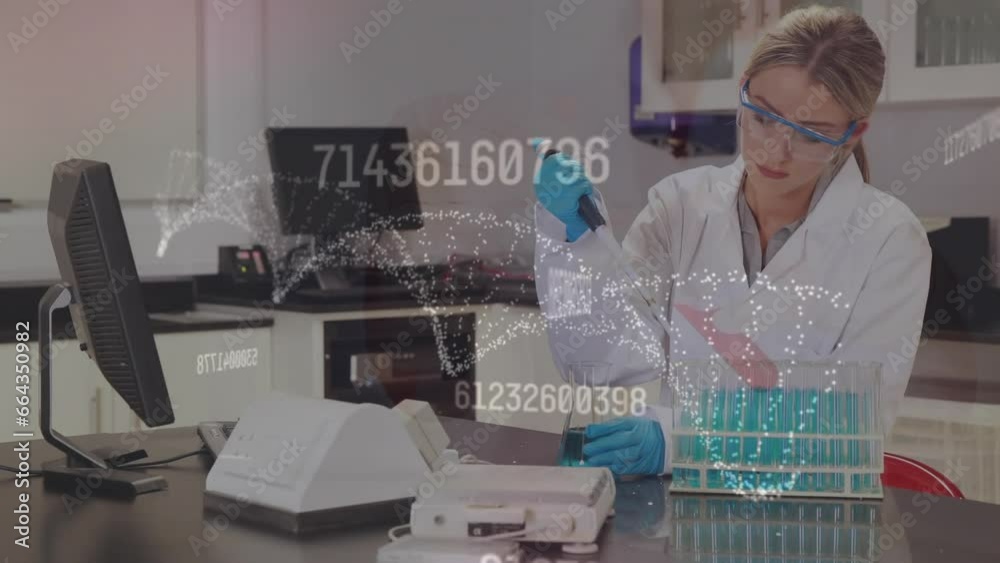 Animation of dna structure, changing numbers over caucasian female scientist working at laboratory
