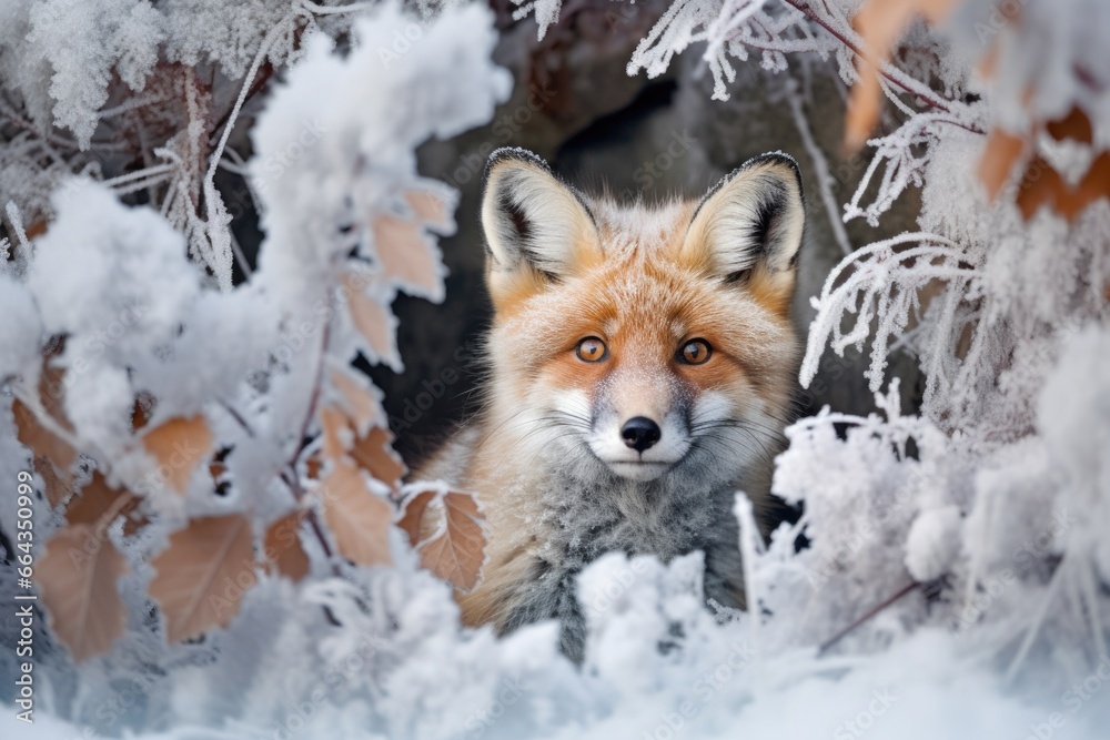 a fox peering curiously from its burrow during a crisp autumn frost a fox peering curiously from its burrow during a crisp autumn frost