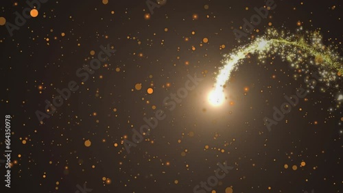 Animation of yellow spots and shooting star agaist grey background with copy space photo