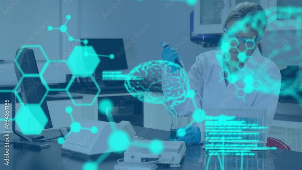 Animation of medical data processing against caucasian female scientist working at laboratory