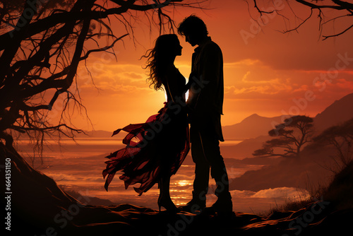 Silhouette of young kissing couple over sunset. AI generative