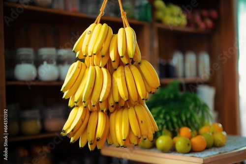 bunch of bananas hanging from a holder