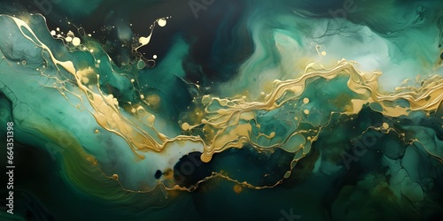 Acrylic marble painting in dark background with crushed gold. Made in fluid art style.
