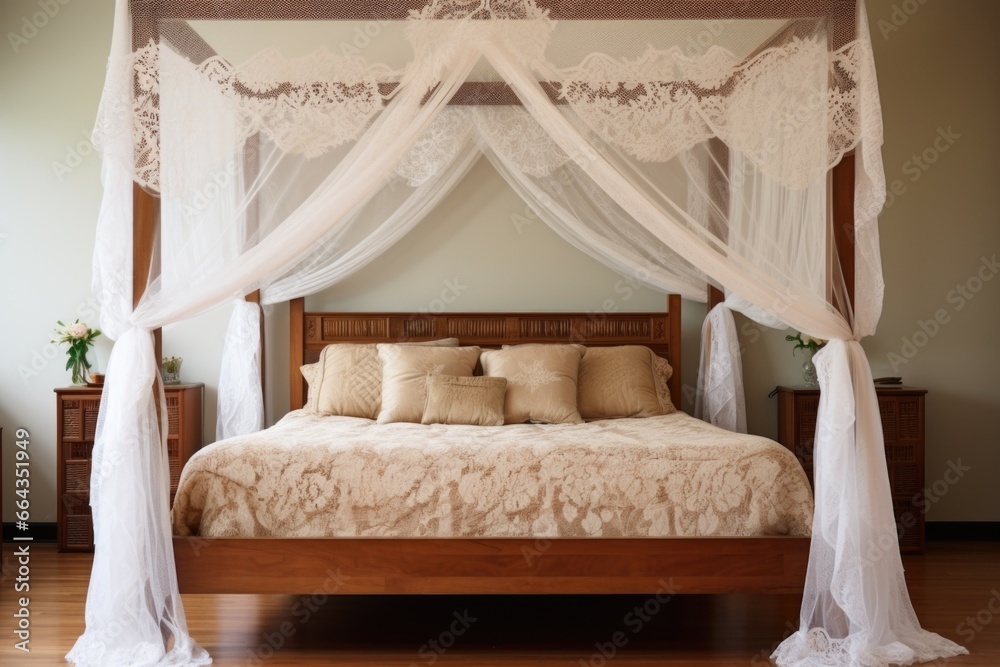 canopy bed with lace curtains and rosewood posts