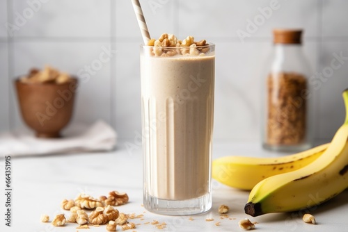 walnut and banana smoothie in a tall glass with a metal straw