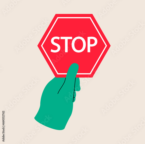 Hand holding stop label. Colorful vector illustration