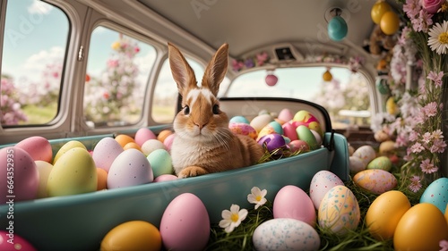 Easter theme picture of bunnies surrounded by easter eggs and trees around a tiny car. Cute white bunnies with a colorful objects theme. AI Generative 