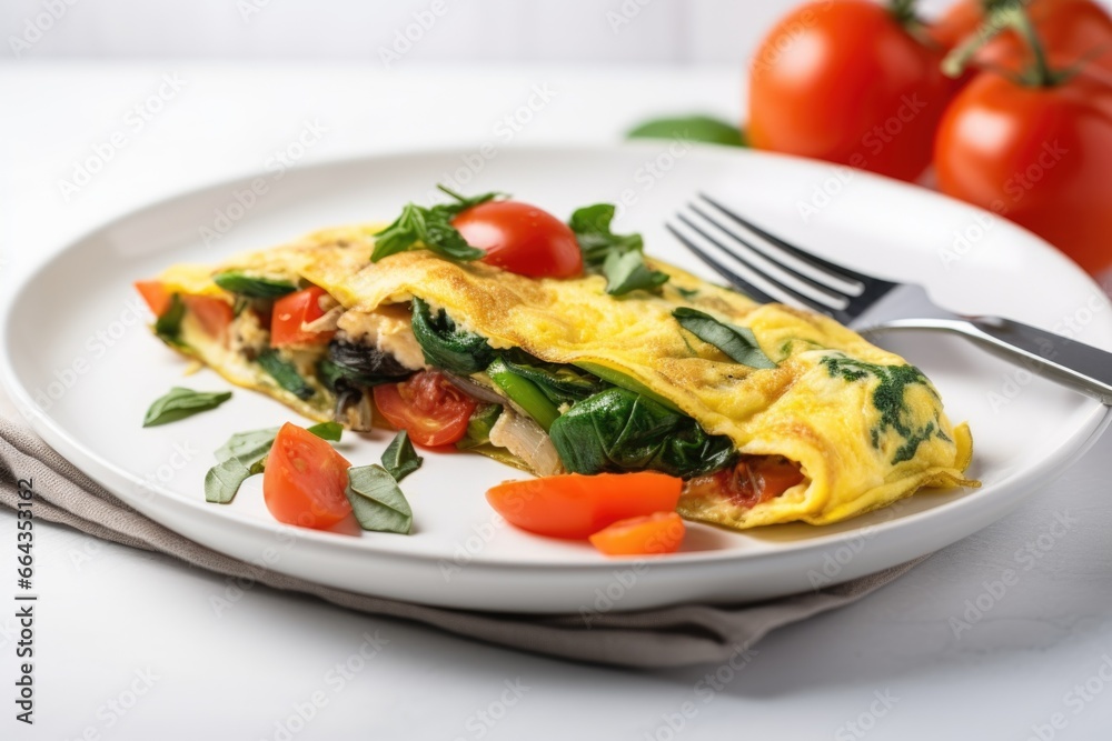 veggie omelette on white plate with silver fork veggie omelette on white plate with silver fork