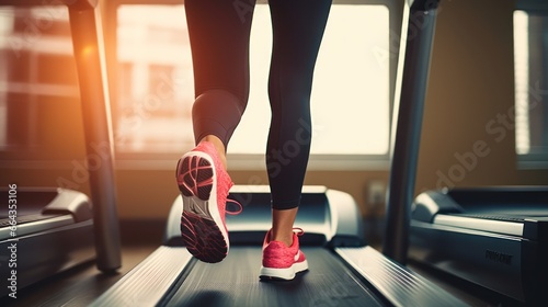 Close-up of a woman's feet on the treadmill, training in the gym